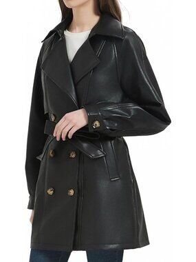 Women's Faux Leather Blazer Jacket Vegan Pleather Black Lapel Button Down Coat